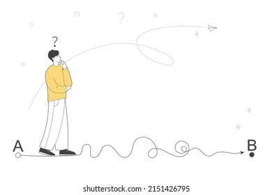Winding and confusing road from point A to point B. Difficult path to the goal.  Man stands in indecision, questions and uncertainty.  