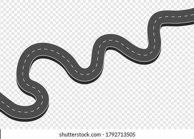 Winding curved asphalt road. Highway with markings in top view at transparent background. Road direction, map way location infographic mockup. Vector illustration.