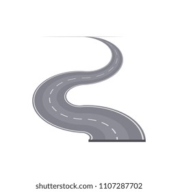 Winding curved highway with markings element. Asphalt road in perspective isolated vector illustration.