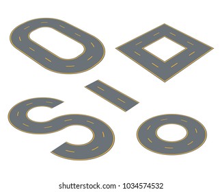 Winding curved road or highway with markings. Set curved routes.Direction, transportation set. Footpath, ring, infinity and turns.