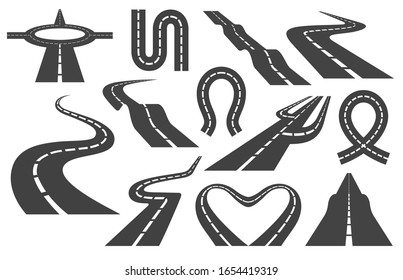 Winding curved road or highway with markings. Set