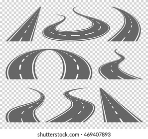 Winding curved road or highway with markings. Direction, transportation set. Vector illustration