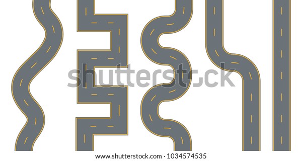 Winding curved road or highway with markings. Set\
curved routes.Direction, transportation set. Footpath, ring,\
infinity and turns.