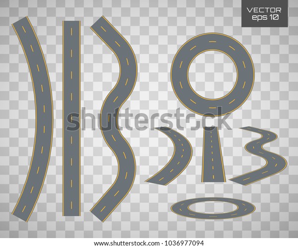 Winding curved road or highway with markings. Set
curved routes.Direction, transportation set. Footpath, ring,
infinity and turns.