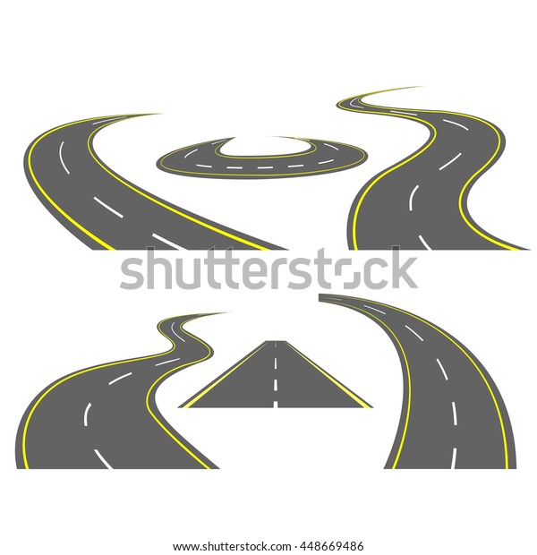 Winding curved road or highway with markings.\
Direction road, curve road, highway road, road transportation\
illustration. Vector\
set