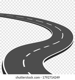 Winding curved road with markings. Highway going into the distance. Asphalt pathway on transparent background. Road direction, route way location infographic mockup for map. Vector illustration.