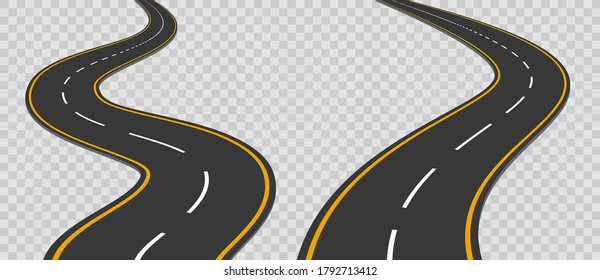 Winding curved road with markings set. Highway going into the distance. Asphalt pathway on transparent background. Road direction, route way location infographic mockup for map. Vector illustration.