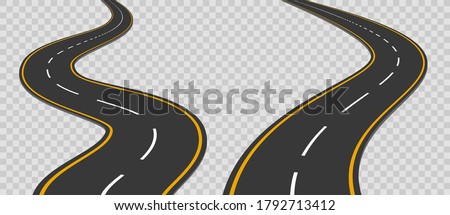 Winding curved road with markings set. Highway going into the distance. Asphalt pathway on transparent background. Road direction, route way location infographic mockup for map. Vector illustration.