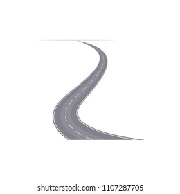 Winding curved speedway with markings element. Asphalt road in perspective isolated vector illustration.