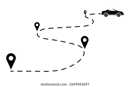 Ilustração de caminho tracejado com um carro conversível e vários pinos de localização, representando viagens multi-stop, rastreamento dinâmico de rotas e planejamento de viagem aventureiro