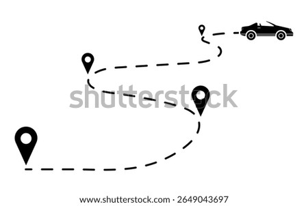 Winding dashed pathway illustration with a convertible car and multiple location pins, representing multi-stop travel, dynamic route tracking, and adventurous journey planning