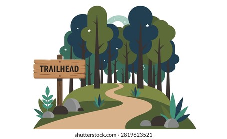 Winding dirt path leading into a dark dense pine forest under a starry night sky with a wooden trailhead signpost in the foreground.