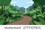 A winding dirt path through a vibrant, dense jungle, with lush foliage and a majestic waterfall in the distance.