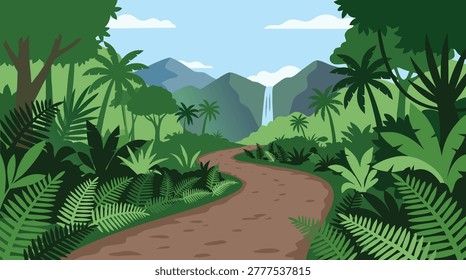 A winding dirt path through a vibrant, dense jungle, with lush foliage and a majestic waterfall in the distance.