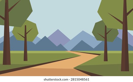 Winding dirt road path leading through a green landscape with trees towards blue mountains in the distance.