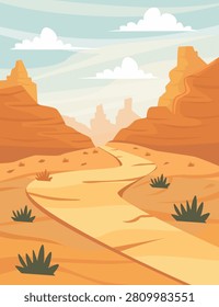 A winding dirt road stretches through a vast desert canyon, flanked by towering rock formations under a clear sky.