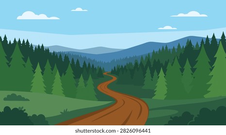 Winding dirt road through a deep green pine forest landscape with landscape