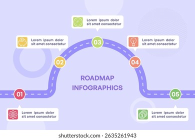 Winding Five Step Roadmap Infographic with Icons and Milestones Vector Illustration