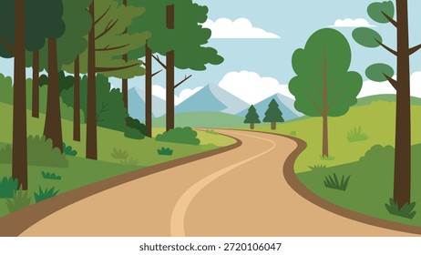 Winding Forest Road with Trees and Mountains Flat Vector Illustration.Scenic Nature Path with Trees, Mountains, and Blue Sky.Countryside Road Background with Greenery