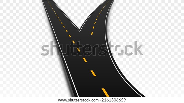 Winding and fork highway. Path with fork,\
asphalt strip. Change of direction and choice. Element of\
constructor for creating traffic. Cars and other vehicles.\
Realistic isometric vector\
illustration