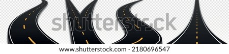 Winding and fork highway set. Collection of trails on copy space. Traffic, car, vehicle and transport space. Travel and trip. Realistic 3D vector illustrations isolated on transparent background