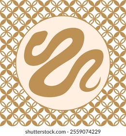 Winding golden snake on ivory circle, on geometric hemp leaf pattern in gold and beige. Elegant design for Chinese New Year 2025. Vector illustration