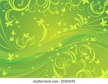Winding green background with flowers butterflies and other spring elements.