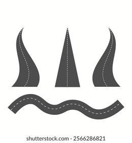 Winding highway, asphalt curve way, asphalted road, pathway vector icon. Travel or transportation design element, curve two lane driveway with dotted mark up isolated on white background. Vector