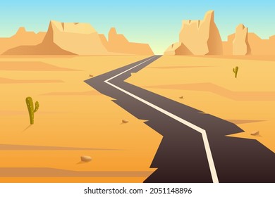 Winding highway in desert. Old asphalt road going through yellow sands with cactuses rocky mountains on horizon with deserted vector savanna.