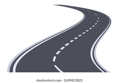 Winding highway disappearing into the distance with dashed white lines marking the lanes on a white background, representing concepts of journey, travel, and transportation