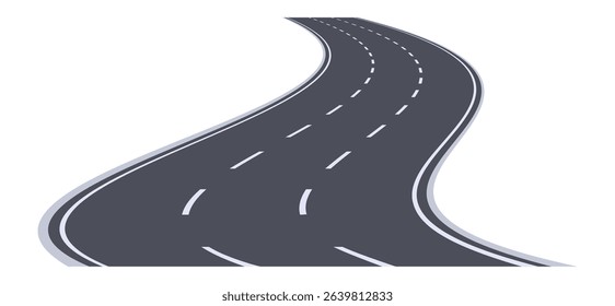 Winding highway disappearing into the distance with white dashed lines on a white background representing travel, journey, and transportation