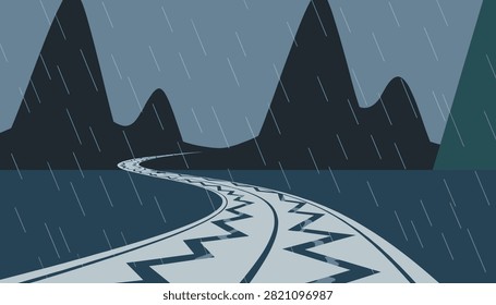 Winding highway with distinct chevron patterns snakes through dark mountain peaks during a heavy dark downpour storm.