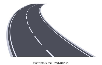 Winding highway road disappearing into the distance on white background, representing concepts such as travel, journey, road trip, adventure, and transportation