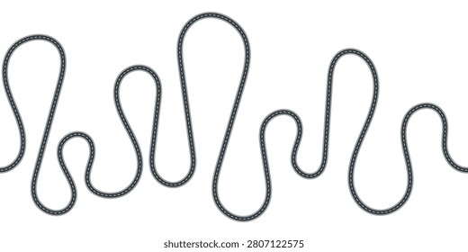 A winding, looping asphalt road graphic on a clean white background, symbolizing lifes unpredictable journey, career paths, and challenges. Perfect for business concepts. Nobody.