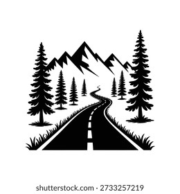 Winding Mountain Road Adventure Vector, Minimalist Silhouette Illustration of Highway Through Pine Forest for Travel Badge, Hiking Logo, and Outdoor Brand Design
