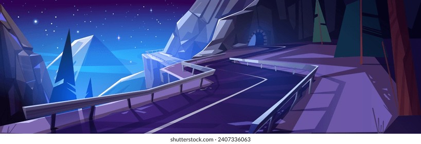 Winding mountain road at night. Vector cartoon illustration of dark rocky landscape with fir trees in valley, cliff tunnel arch, dangerous curvy highway, bright stars shimmering in midnight sky