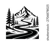 Winding mountain road through pine trees and snowy peaks
