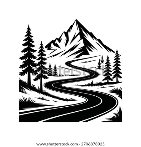 Winding mountain road through pine trees and snowy peaks