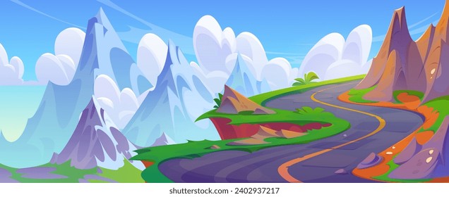 Winding mountain road with warning sign. Vector cartoon illustration of rocky landscape with green grass and fir trees in valley, stones along dangerous curvy highway, birds flying in cloudy sky