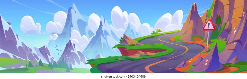 Camino de montaña sinuoso con señal de advertencia. Dibujo vectorial del paisaje rocoso con hierba verde y árboles de abeto en el valle, piedras a lo largo de una peligrosa carretera curva, pájaros volando en un cielo nublado