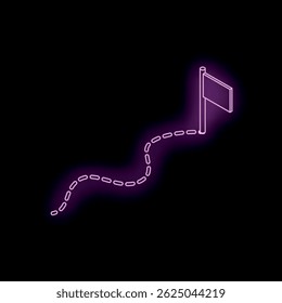 Caminho pontilhado rosa neon sinalizador de enrolamento que leva a uma bandeira em um fundo preto, representando uma jornada, conquista ou meta