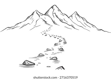A winding path leading through rough terrain towards the majestic, towering mountains