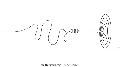 Un camino sinuoso lleva una flecha a un objetivo en un estilo de dibujo de línea minimalista