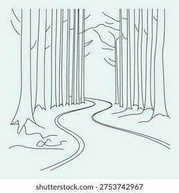 A winding path leads through a dense forest of tall trees in a minimalist line art style