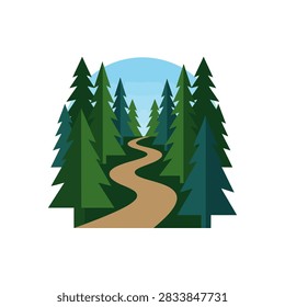 A winding path leads through a dense forest of evergreen trees