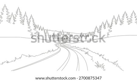 A winding path leads through a snowy forest to a rustic cabin silhouette