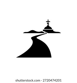 Ein kurvenreicher Weg führt zu einem Hügel mit einer Kirche und einem Kreuz, das den Glauben, die Spiritualität und eine Glaubensreise repräsentiert.