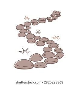 A winding path made of smooth grey stones and small patches of grass drawn in a simple hand drawn style