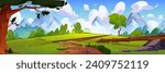 Winding path in meadows with green grass, trees and bushes leading to rocky mountains. Summer natural landscape with hills and field, trail and blue sky with clouds. Cartoon vector illustration.