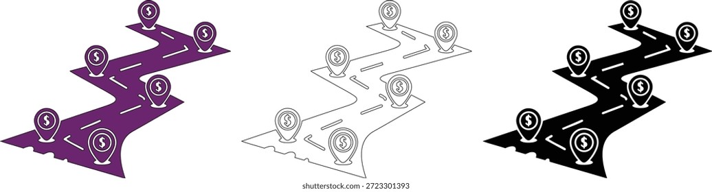 Caminho sinuoso com vários marcadores de pinos de moeda, simbolizando uma viagem financeira ou uma rota de viagem de negócios. ideal para ilustrar estratégias de gerenciamento de riqueza e investimento